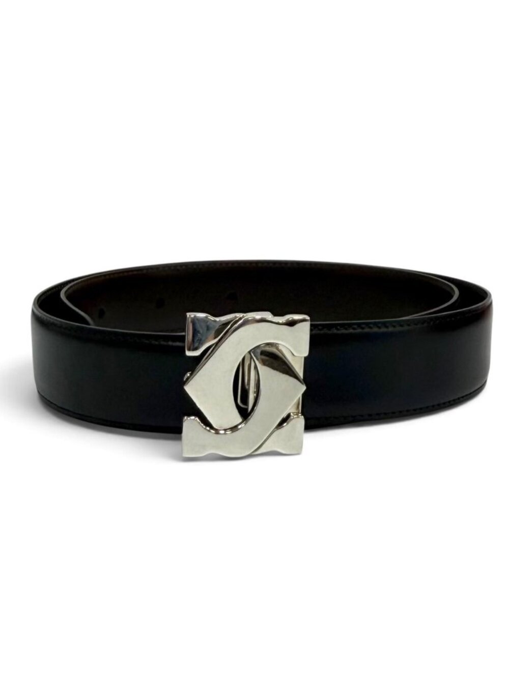 Cartier Reversible 2C Buckle Leather Belt Black Brown Silver